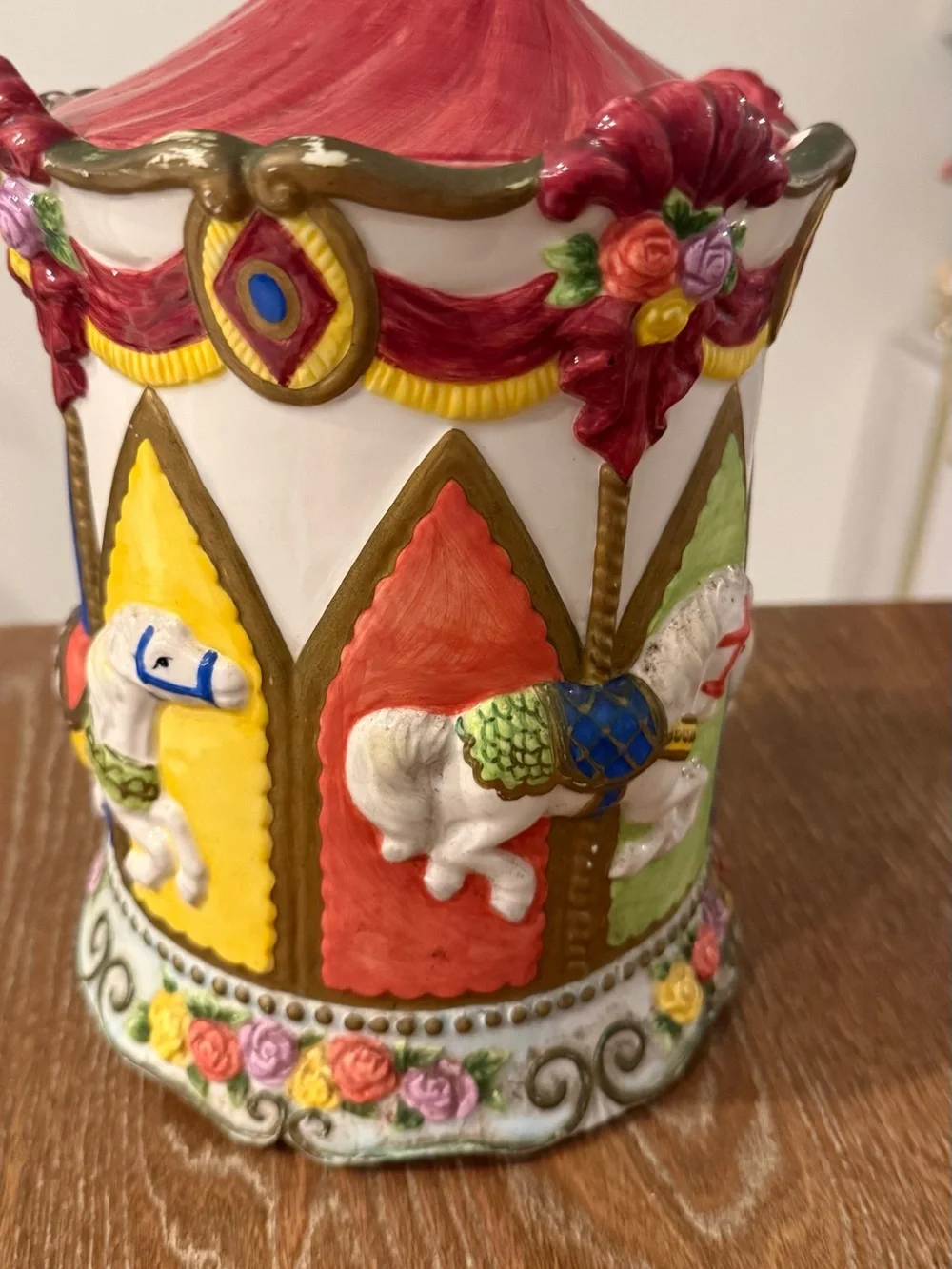 Vintage 1980s Carousel Cookie Jar Ceramic Circus Canister Colorful Kitchen Decor